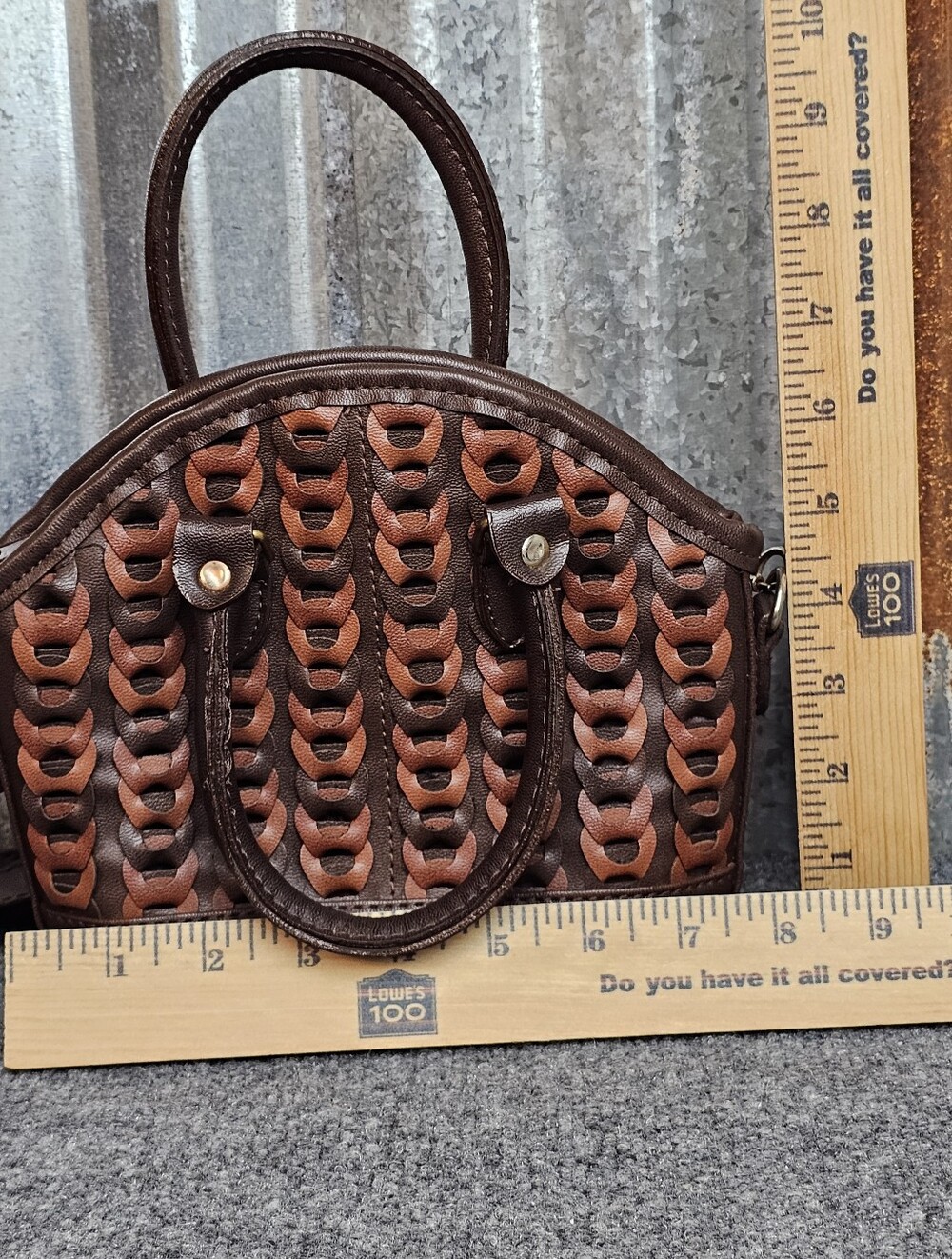 Vintage-Vibe| Woven Faux Leather|Dome Bag| Multi Brown Two-Way Convertible Purse - Picture 7 of 8